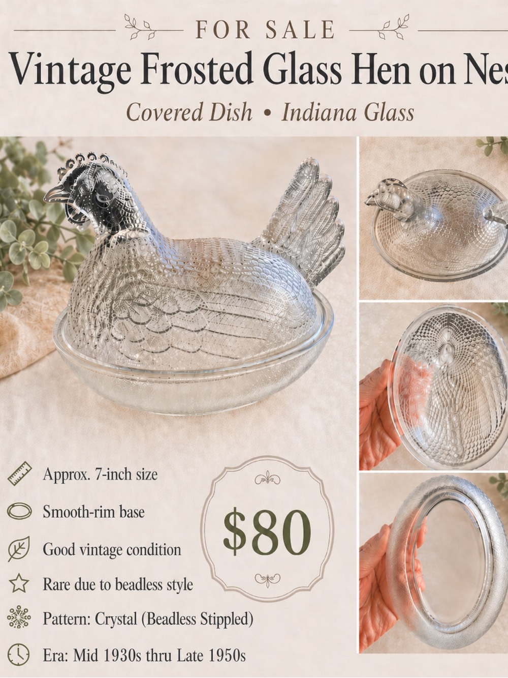 Rare Indiana Glass Clear Frosted Hen on Nest Covered Dish